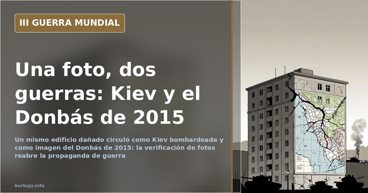 Edificio residencial dañado y humo al fondo sobre un mapa del Donbás, con siluetas de vehículos militares