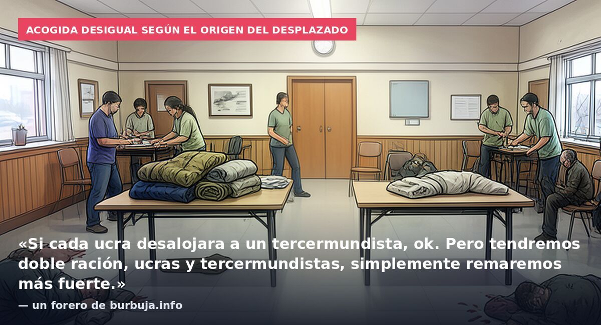 Acogida desigual según el origen del desplazado: «Si cada ucra desalojara a un tercermundista, ok. Pero tendremos doble ración, ucras y tercermundistas, simplemente remaremos más fuerte.» — un forero de burbuja.info
