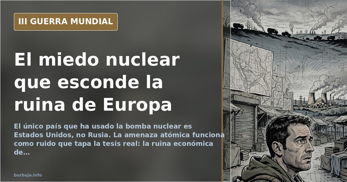 Mapa de Europa con siluetas de equipo militar y columnas de humo lejano en el horizonte bajo una paleta desaturada