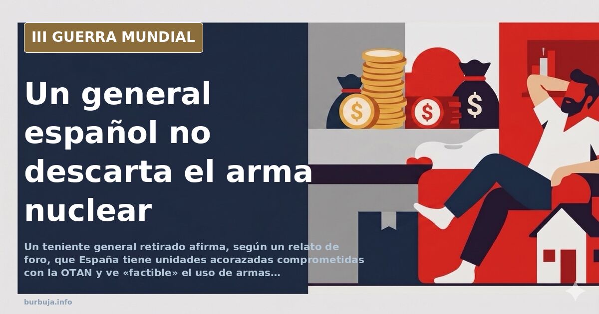 Silueta de un teniente general español ante un mapa de Europa con unidades acorazadas y humo de guerra al fondo