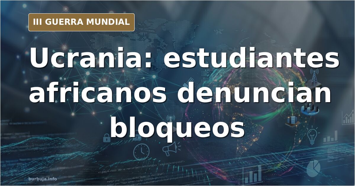 Cola de estudiantes africanos esperando cruzar la frontera de Ucrania junto a vehículos y controles militares