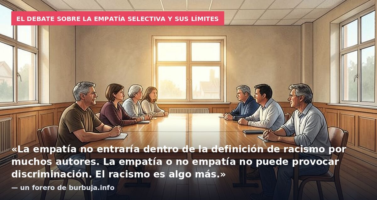 El debate sobre la empatía selectiva y sus límites: «La empatía no entraría dentro de la definición de racismo por muchos autores. La empatía o no empatía no puede provocar discriminación. El racismo es algo más.» — un forero de burbuja.info