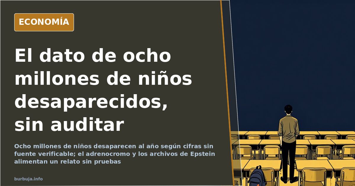 Ilustración editorial con siluetas infantiles y un gráfico de desapariciones de menores sobre fondo azul marino y oro