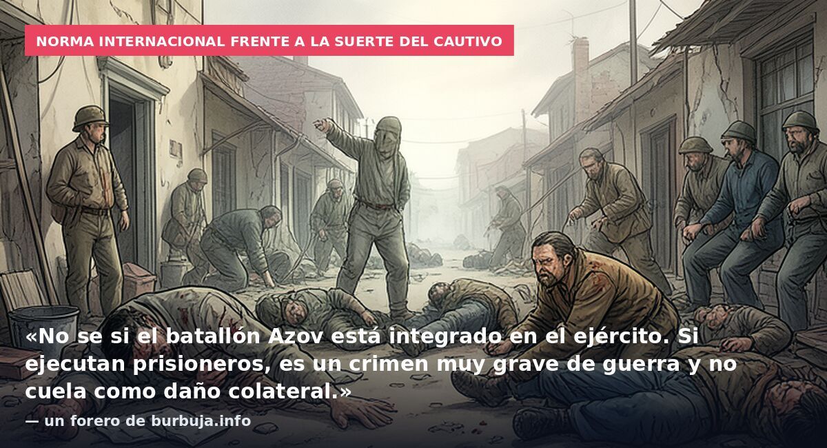 Norma internacional frente a la suerte del cautivo: «No se si el batallón Azov está integrado en el ejército. Si ejecutan prisioneros, es un crimen muy grave de guerra y no cuela como daño colateral.» — un forero de burbuja.info
