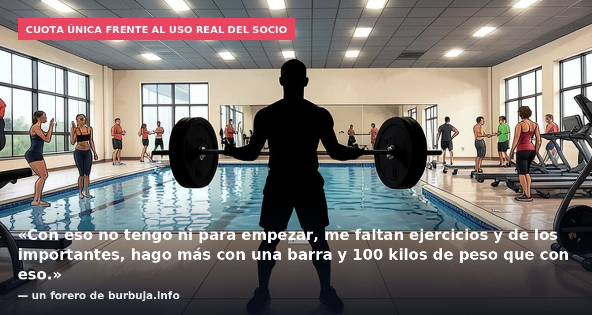 Cuota única frente al uso real del socio: «Con eso no tengo ni para empezar, me faltan ejercicios y de los importantes, hago más con una barra y 100 kilos de peso que con eso.» — un forero de burbuja.info