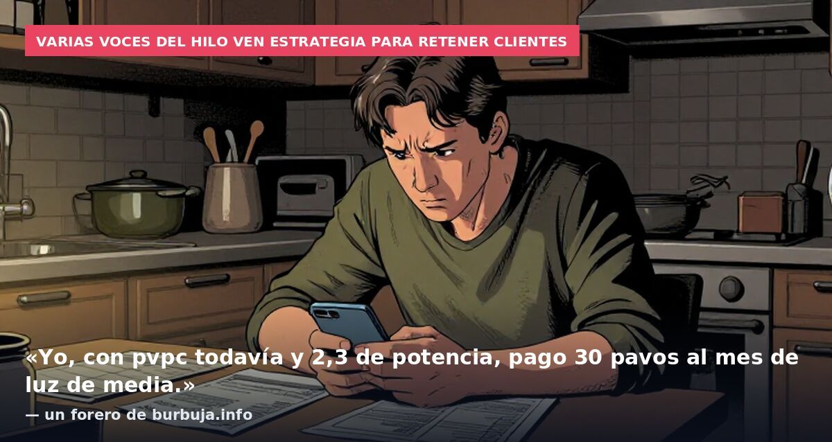 Varias voces del hilo ven estrategia para retener clientes: «Yo, con pvpc todavía y 2,3 de potencia, pago 30 pavos al mes de luz de media.» — un forero de burbuja.info