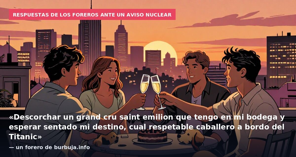 Respuestas de los foreros ante un aviso nuclear: «Descorchar un grand cru saint emilion que tengo en mi bodega y esperar sentado mi destino, cual respetable caballero a bordo del Titanic» — un forero de burbuja.info