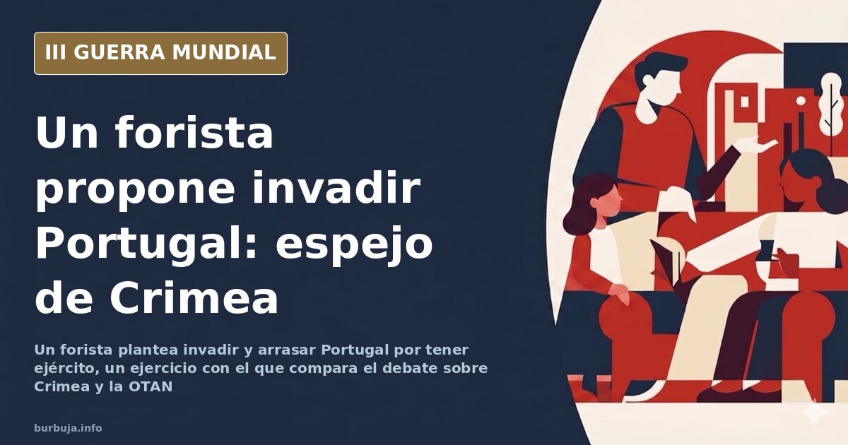 Mapa de la península ibérica con siluetas de equipo militar y humo lejano sobre el debate de Portugal, la OTAN y Crimea