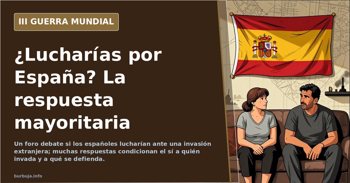 Mapa de España con siluetas de equipamiento militar y humo en el horizonte, ilustrando el debate sobre luchar por España