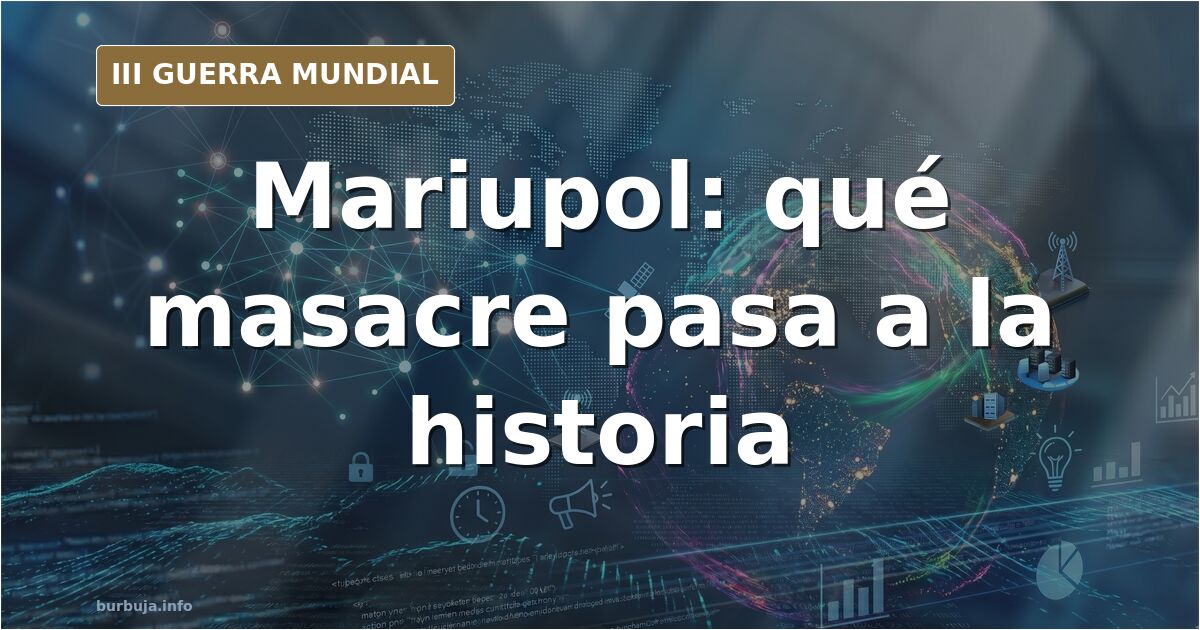 Mapa desaturado del sureste de Ucrania con siluetas de vehículos militares y humo lejano sobre Mariupol