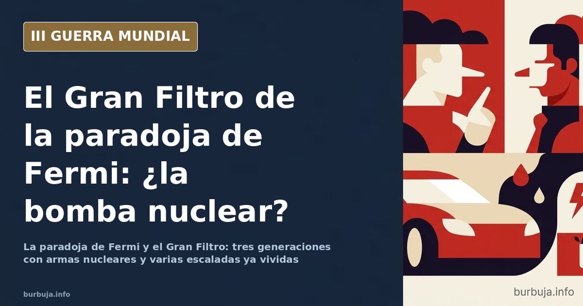 Mapa desaturado con siluetas de misiles y humo lejano ilustrando el Gran Filtro de la paradoja de Fermi