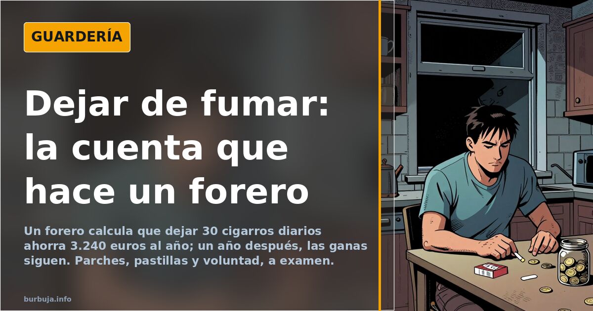 Persona adulta apagando su último cigarrillo en un cenicero lleno, con parches de nicotina y un spray bucal sobre la mesa del