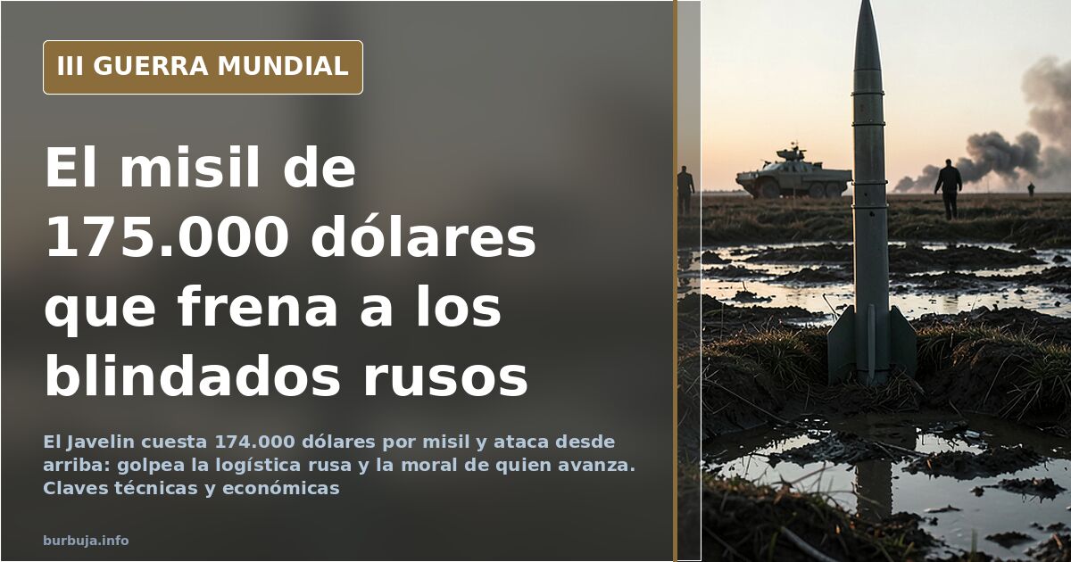 Ilustración documental de un misil contracarro Javelin sobre un campo desaturado con blindados y humo lejano