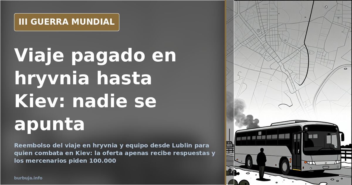 Mapa de la ruta de los voluntarios desde Lublin a Kiev con siluetas de equipamiento militar y humo lejano en el horizonte