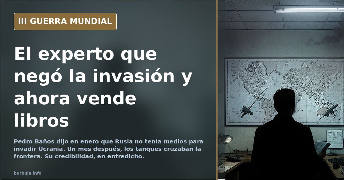 Silueta de un analista ante mapas de Europa del Este y columnas de humo al fondo, ilustración sobre Pedro Baños y la invasión
