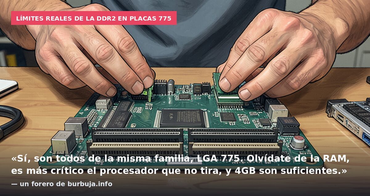 Límites reales de la DDR2 en placas 775: «Sí, son todos de la misma familia, LGA 775. Olvídate de la RAM, es más crítico el procesador que no tira, y 4GB son suficientes.» — un forero de burbuja.info
