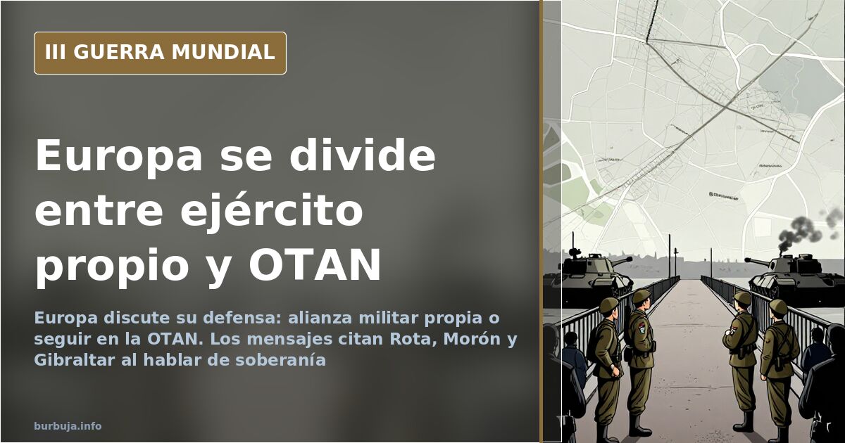 Siluetas de equipamiento militar sobre un mapa europeo desaturado para ilustrar la alianza militar europea y el pulso por la 