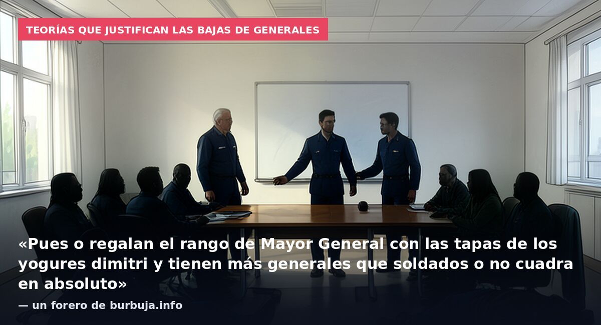 Teorías que justifican las bajas de generales: «Pues o regalan el rango de Mayor General con las tapas de los yogures dimitri y tienen más generales que soldados o no cuadra en absoluto» — un forero de burbuja.info