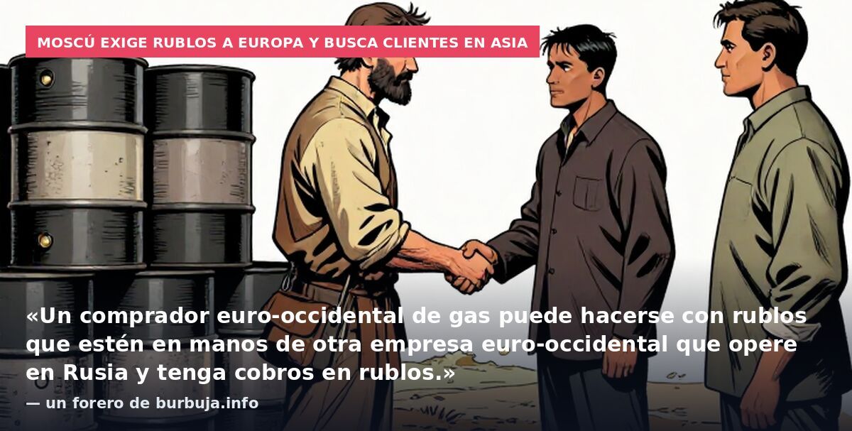 Moscú exige rublos a Europa y busca clientes en Asia: «Un comprador euro-occidental de gas puede hacerse con rublos que estén en manos de otra empresa euro-occidental que opere en Rusia y tenga cobros en rublos.» — un forero de burbuja.info