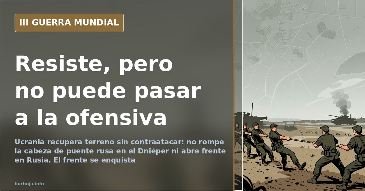 Mapa del frente en Ucrania con siluetas de blindados y columnas de humo al fondo, ilustración del estancamiento de la guerra