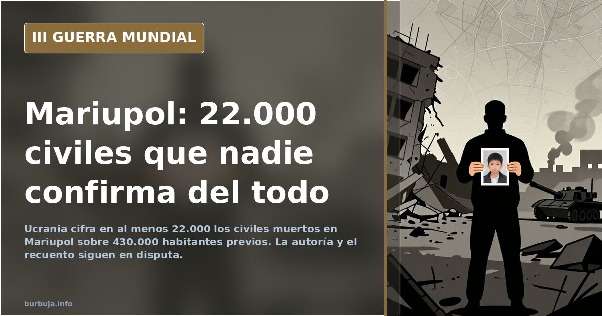 Ilustración documental desaturada de la ciudad asediada de Mariupol con siluetas de vehículos militares y humo lejano en el h