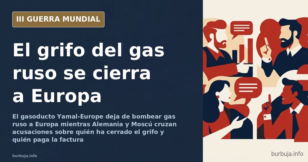 Tuberías de un gasoducto europeo cruzando un paisaje desaturado con siluetas industriales y humo lejano en el horizonte