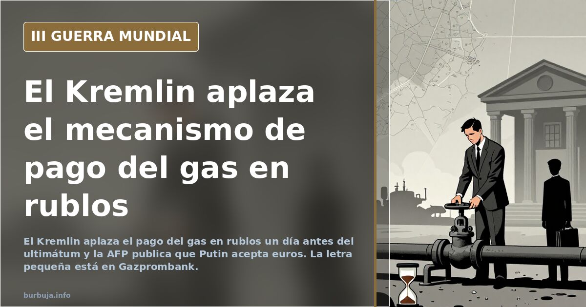 Ilustración de un gasoducto y siluetas industriales sobre un mapa de Europa con símbolos del euro y del rublo superpuestos