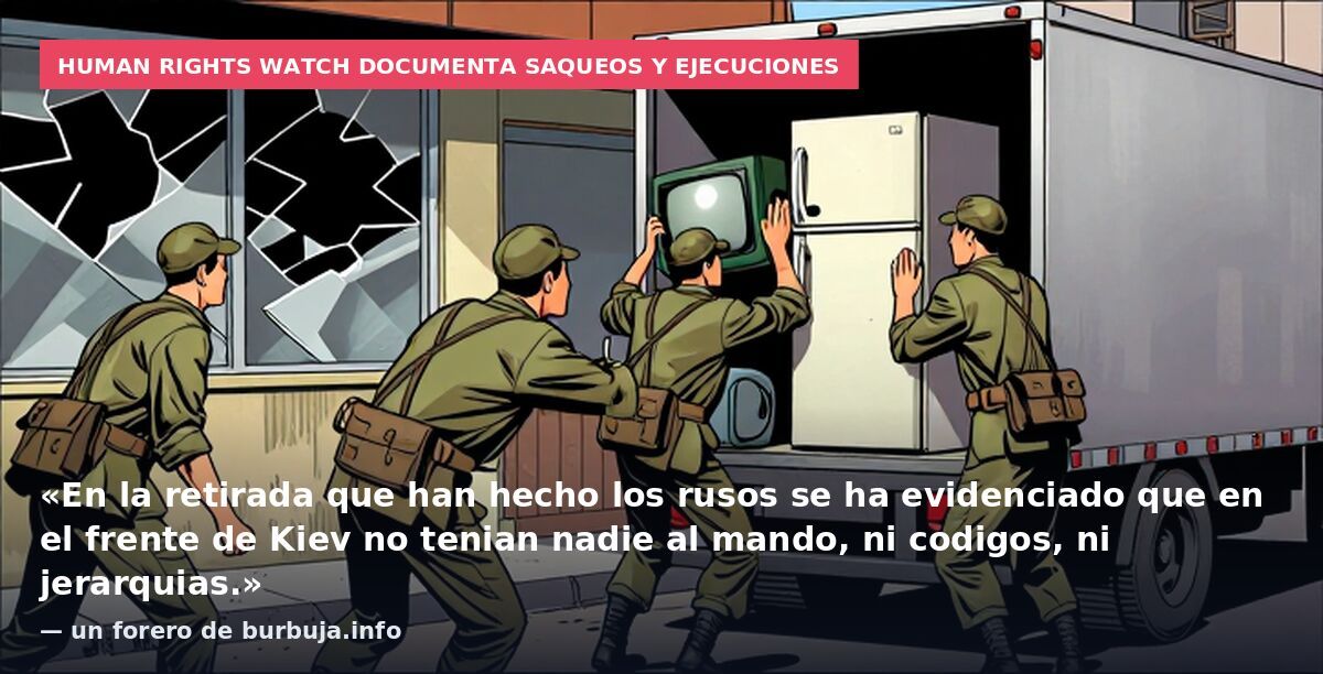 Human Rights Watch documenta saqueos y ejecuciones: «En la retirada que han hecho los rusos se ha evidenciado que en el frente de Kiev no tenian nadie al mando, ni codigos, ni jerarquias.» — un forero de burbuja.info