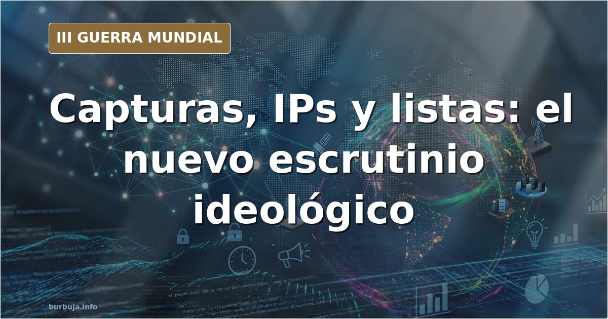 Ilustración documental desaturada con siluetas de equipamiento militar y mapas, simbolizando la vigilancia digital en el conf