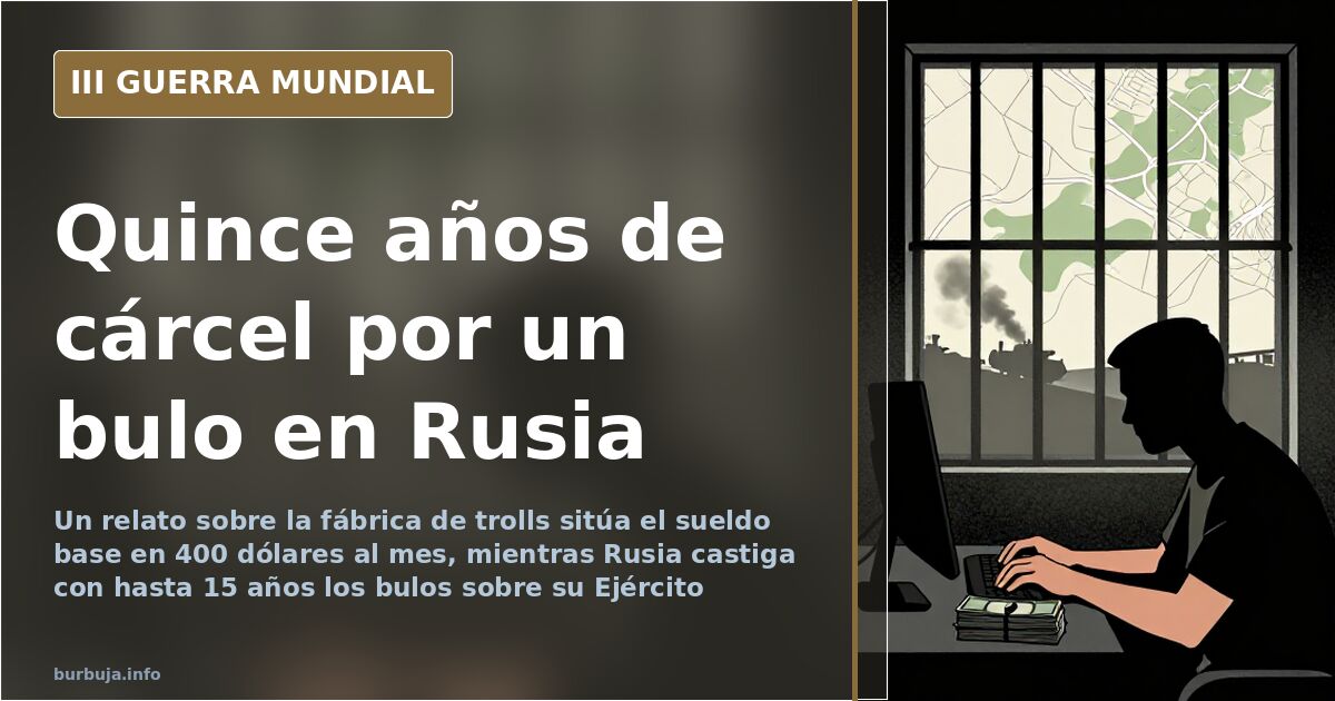 Pantallas encendidas en un edificio gris bajo un cielo desaturado, ilustración sobre la granja de trolls del Kremlin