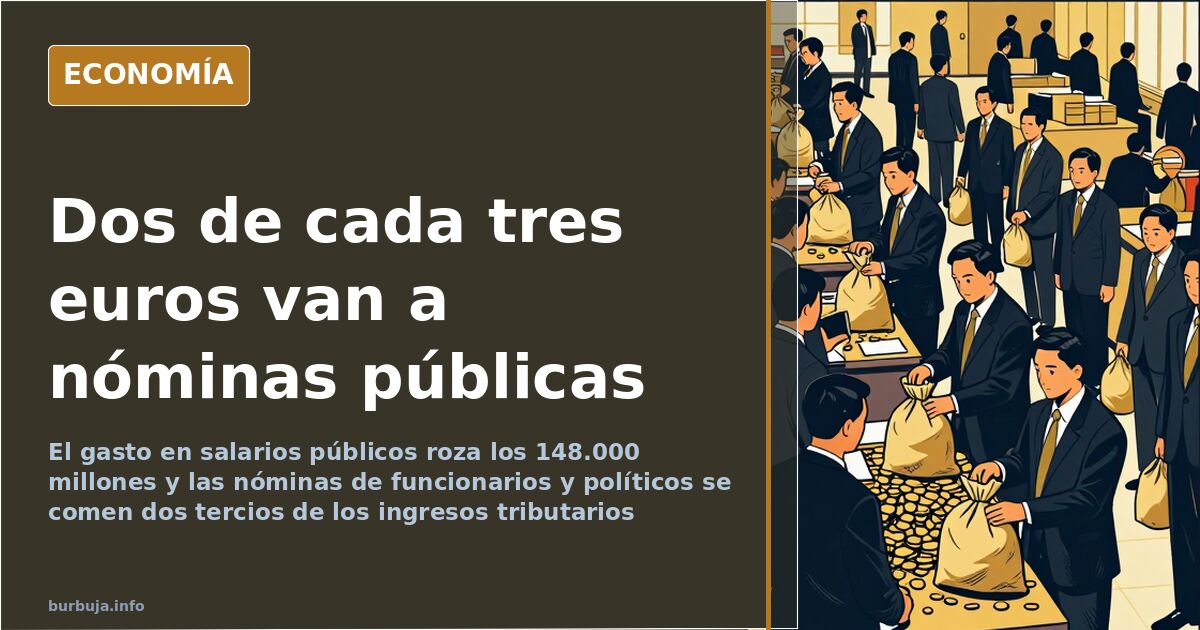 Edificio administrativo con filas de expedientes apilados y gráficos sobre el gasto público en nóminas de funcionarios