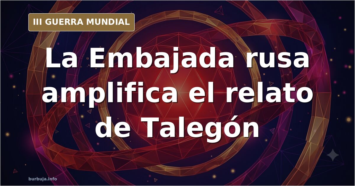 Edificio de una embajada con bandera rusa y, en primer plano, pantallas con retuits superpuestos y un mapa del este de Ucrani