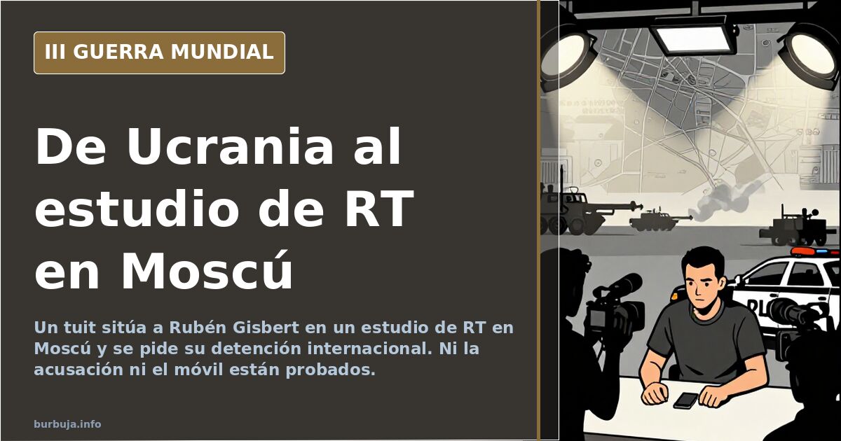 Estudio de RT en Moscú y mapa de Europa en tonos desaturados, con siluetas de equipos y humo lejano en el horizonte