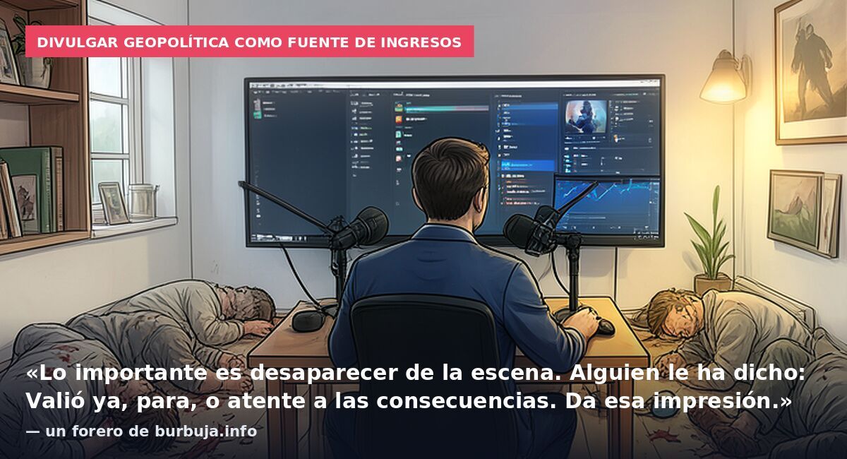 Divulgar geopolítica como fuente de ingresos: «Lo importante es desaparecer de la escena. Alguien le ha dicho: Valió ya, para, o atente a las consecuencias. Da esa impresión.» — un forero de burbuja.info