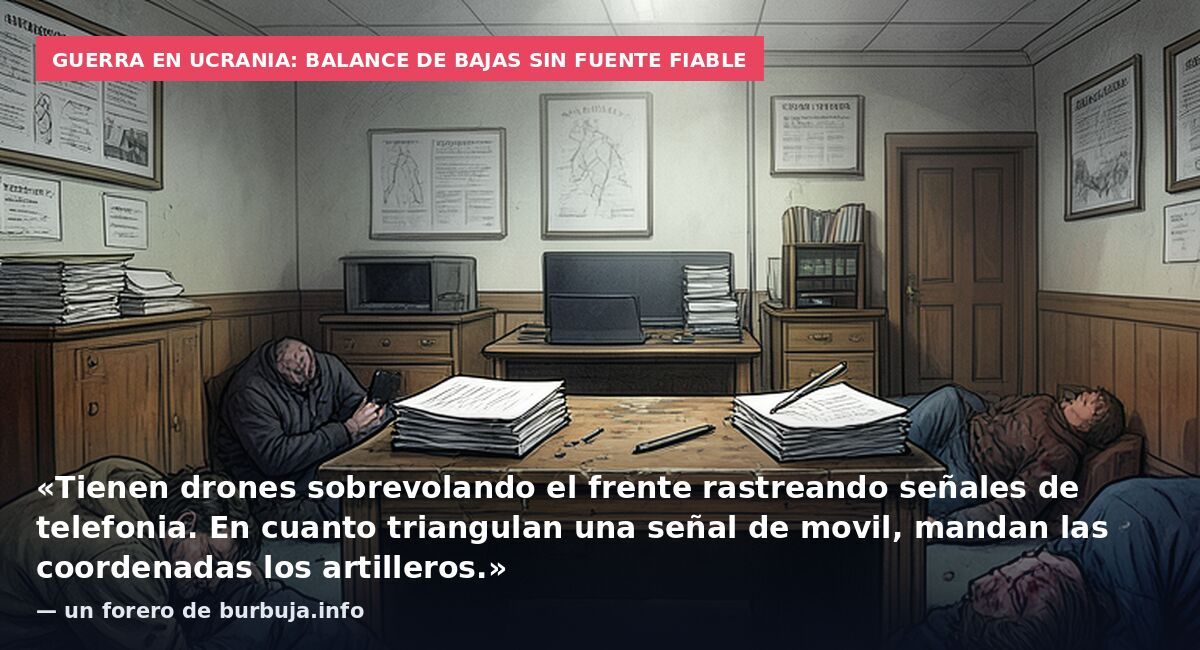 Guerra en Ucrania: balance de bajas sin fuente fiable: «Tienen drones sobrevolando el frente rastreando señales de telefonia. En cuanto triangulan una señal de movil, mandan las coordenadas los artilleros.» — un forero de burbuja.info