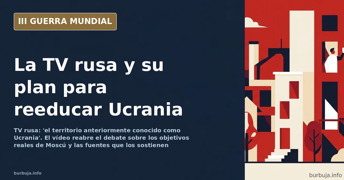 Mapa de Ucrania sobre una pantalla de televisión rusa con siluetas de equipo militar y humo al fondo