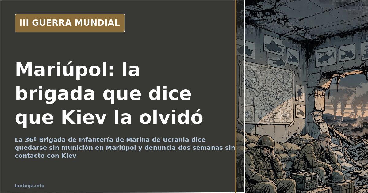 Mapa de Mariúpol con el puerto marcado y siluetas de vehículos blindados entre edificios residenciales en ruinas