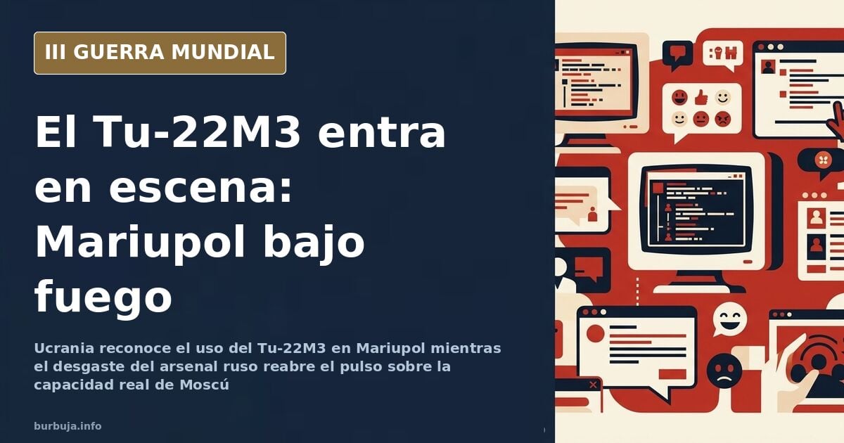 Silueta de un bombardero Tu-22M3 sobrevolando una zona industrial en ruinas con columnas de humo en el horizonte