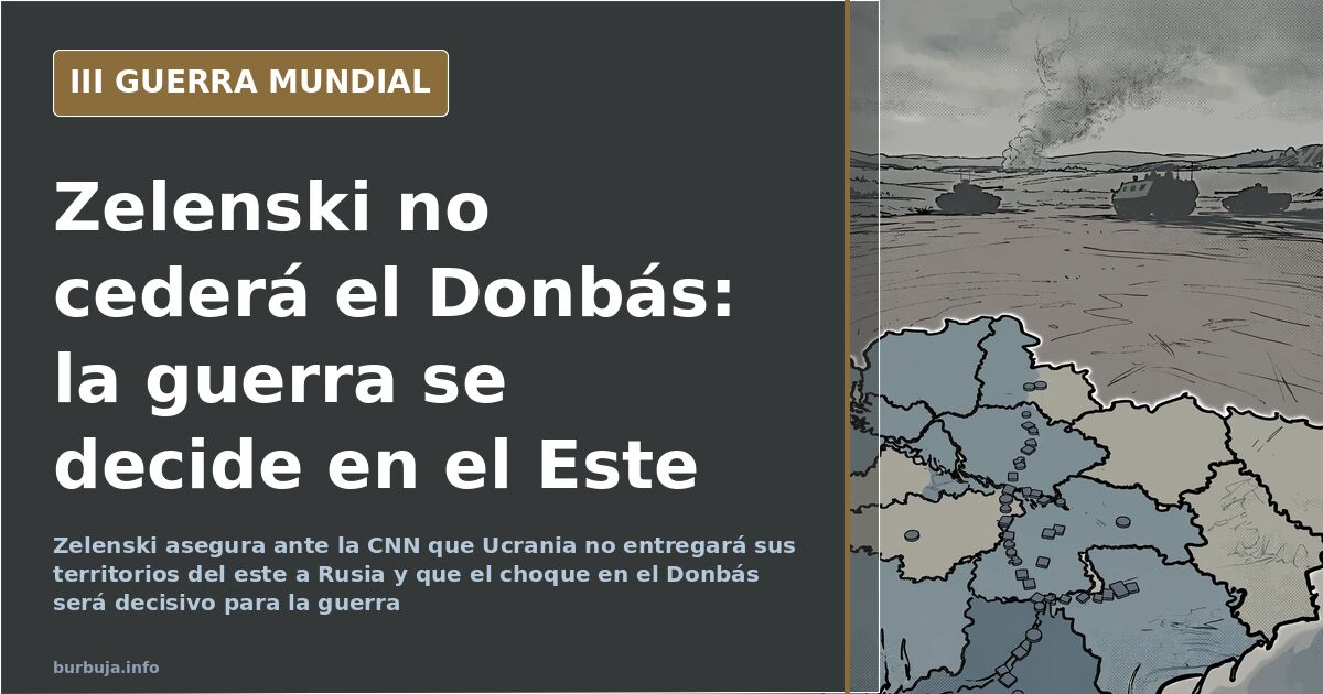 Mapa desaturado del este de Ucrania con siluetas de vehículos militares y humo en el horizonte sobre el Donbás