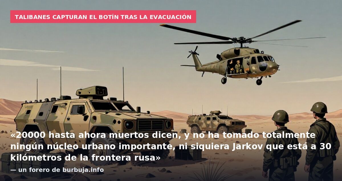 Talibanes capturan el botín tras la evacuación: «20000 hasta ahora muertos dicen, y no ha tomado totalmente ningún núcleo urbano importante, ni siquiera Jarkov que está a 30 kilómetros de la frontera rusa» — un forero de burbuja.info