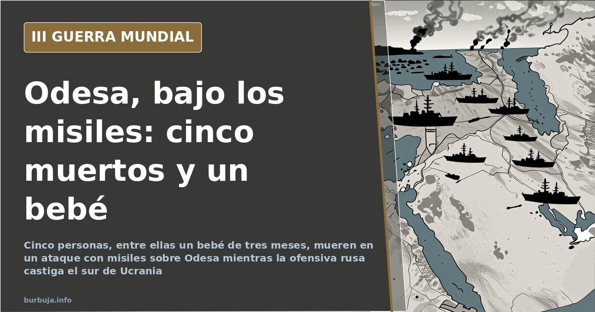 Mapa desaturado de la costa del mar Negro con humo sobre Odesa tras el ataque con misiles y siluetas de buques