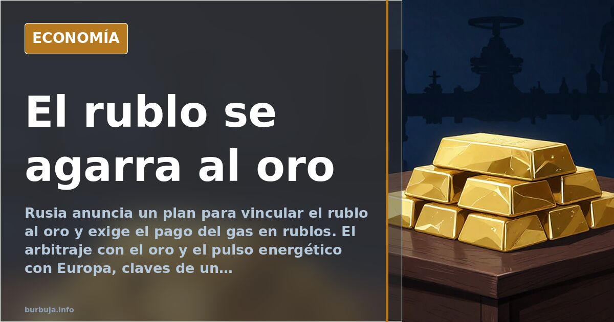 Ilustración editorial de una moneda rublo entrelazada con lingotes de oro sobre un fondo azul marino, símbolo del patrón oro 