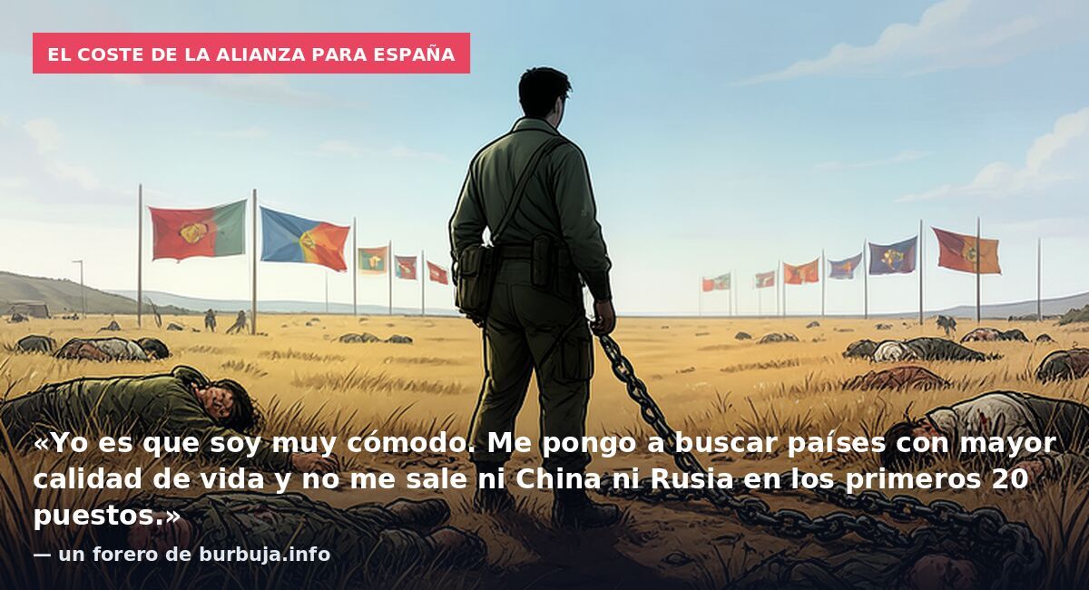 El coste de la alianza para España: «Yo es que soy muy cómodo. Me pongo a buscar países con mayor calidad de vida y no me sale ni China ni Rusia en los primeros 20 puestos.» — un forero de burbuja.info