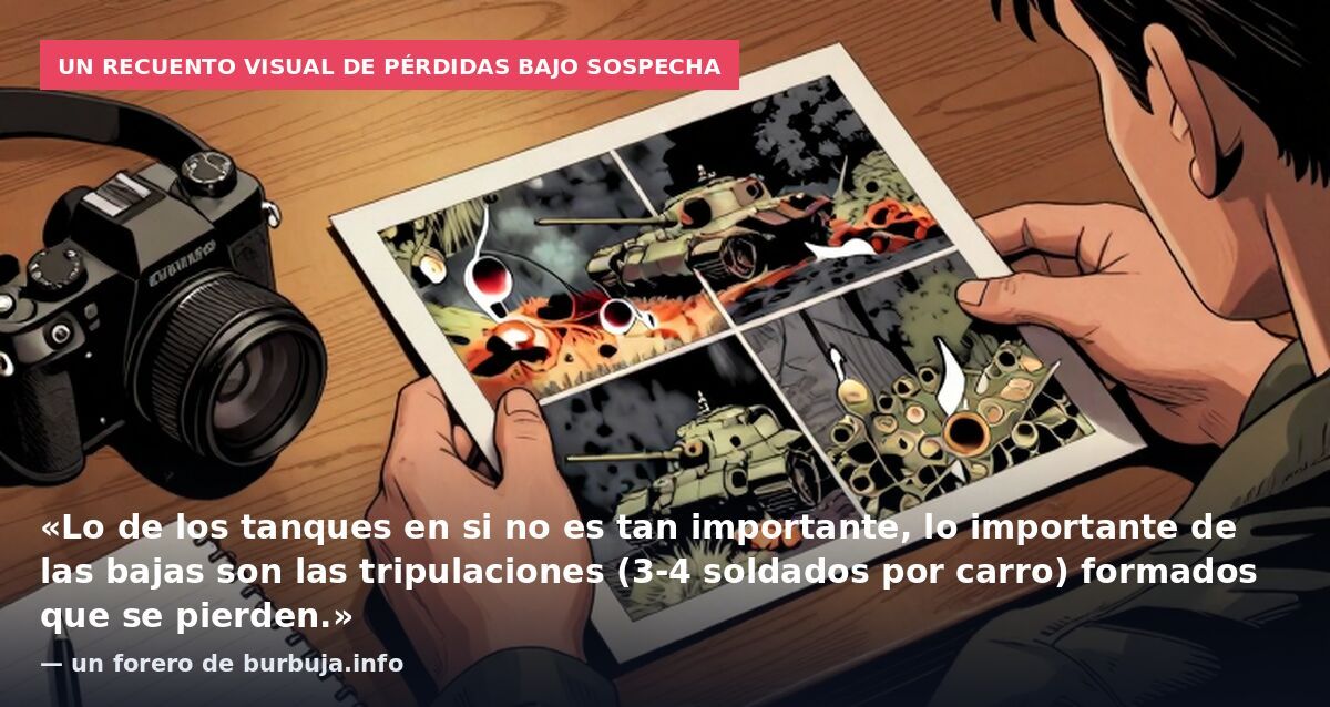 Un recuento visual de pérdidas bajo sospecha: «Lo de los tanques en si no es tan importante, lo importante de las bajas son las tripulaciones (3-4 soldados por carro) formados que se pierden.» — un forero de burbuja.info