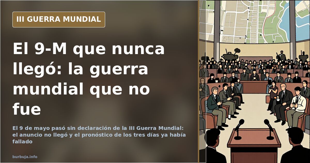 Siluetas de equipo militar y humo lejano en un horizonte desaturado junto a la fecha del 9 de mayo, ilustrando el pronóstico 