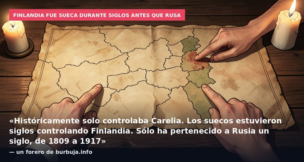 Finlandia fue sueca durante siglos antes que rusa: «Históricamente solo controlaba Carelia. Los suecos estuvieron siglos controlando Finlandia. Sólo ha pertenecido a Rusia un siglo, de 1809 a 1917» — un forero de burbuja.info