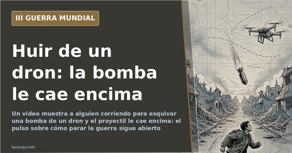 Silueta de un dron sobre un paisaje desaturado con humo lejano, ilustración de la guerra en Ucrania