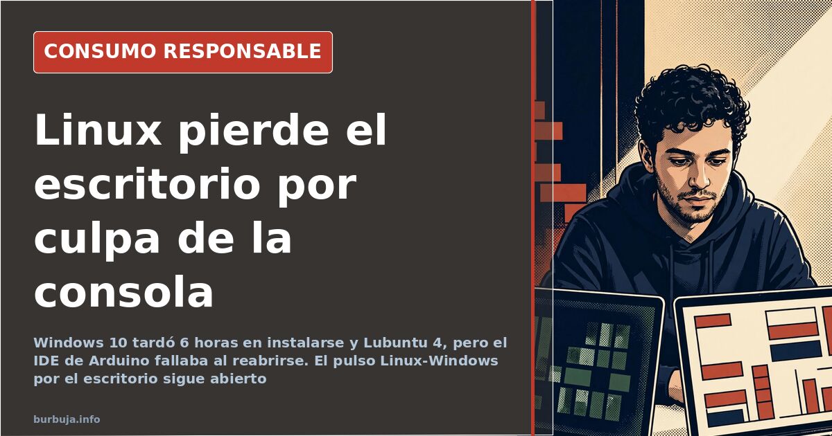 Pantalla de un ordenador antiguo con el escritorio de una distribución Linux, una ventana de Windows y una placa Arduino cone