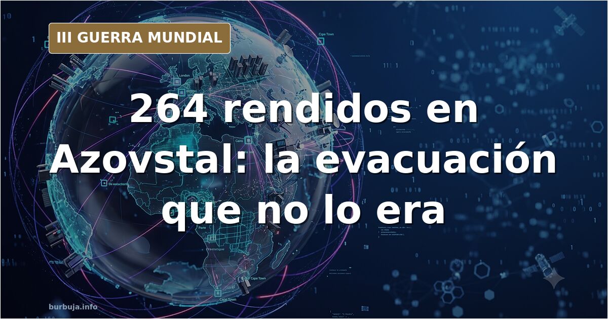 Silueta de la acería de Azovstal en Mariúpol con columnas de humo y vehículos militares en la distancia