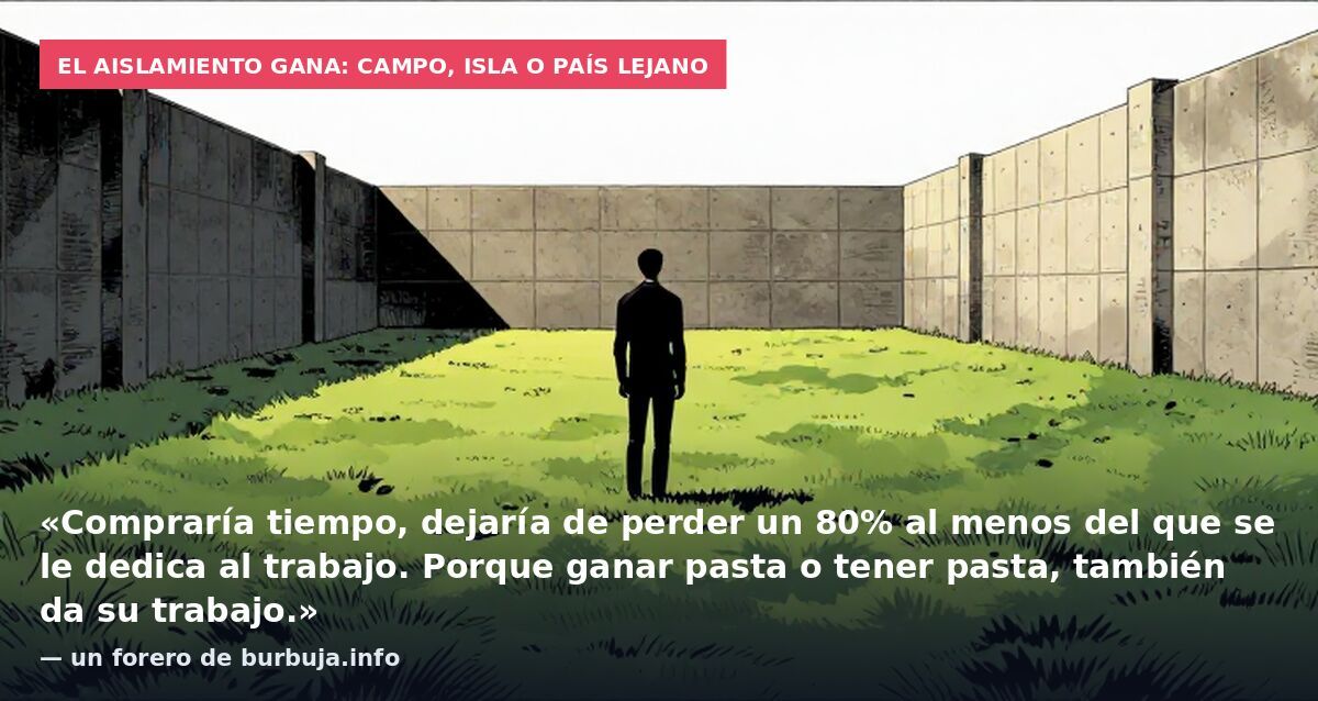 El aislamiento gana: campo, isla o país lejano: «Compraría tiempo, dejaría de perder un 80% al menos del que se le dedica al trabajo. Porque ganar pasta o tener pasta, también da su trabajo.» — un forero de burbuja.info